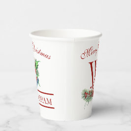 Xmas Bells Red Berries Evergreen Name Paper Cup Pappbecher