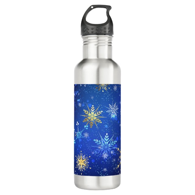 XMAS Blue Background mit goldenen Schneeflocken Edelstahlflasche (Vorderseite)