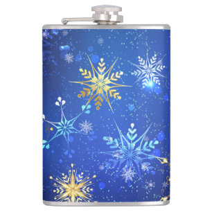 XMAS Blue Background mit goldenen Schneeflocken Flachmann