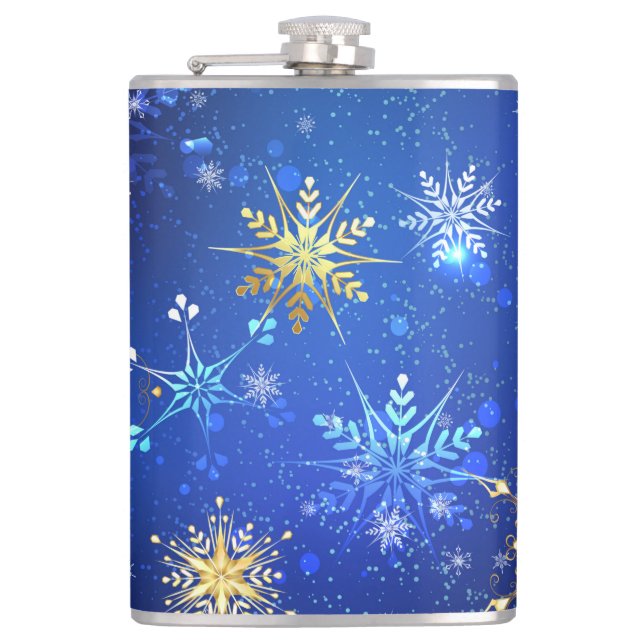 XMAS Blue Background mit goldenen Schneeflocken Flachmann (Vorderseite)