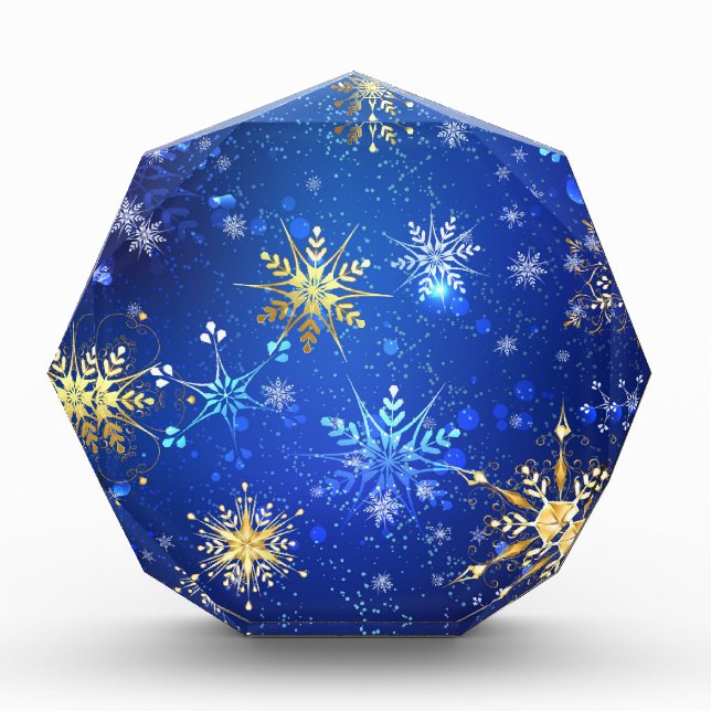 XMAS Blue Background mit goldenen Schneeflocken Fotoblock (Vorderseite)