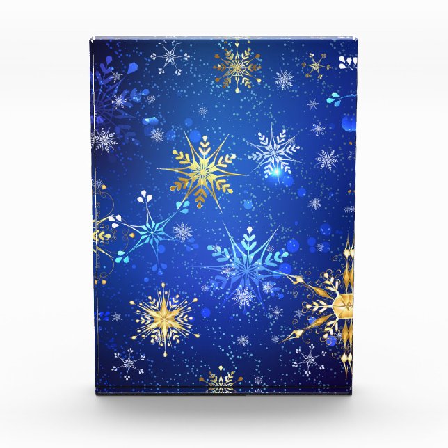 XMAS Blue Background mit goldenen Schneeflocken Fotoblock (Vorderseite)