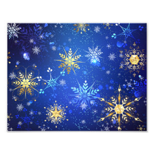 XMAS Blue Background mit goldenen Schneeflocken Fotodruck