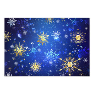 XMAS Blue Background mit goldenen Schneeflocken Fotodruck