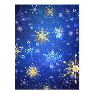 XMAS Blue Background mit goldenen Schneeflocken Fotodruck