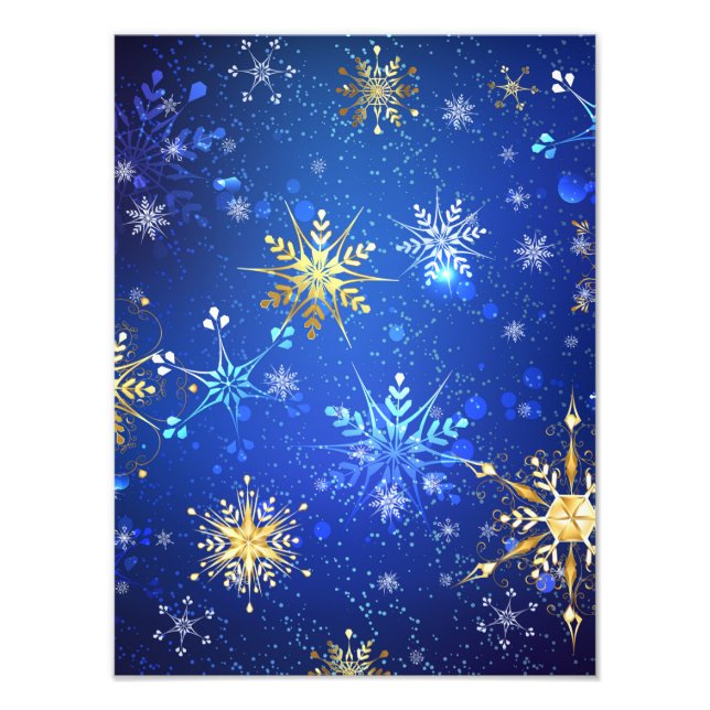 XMAS Blue Background mit goldenen Schneeflocken Fotodruck (Vorne)
