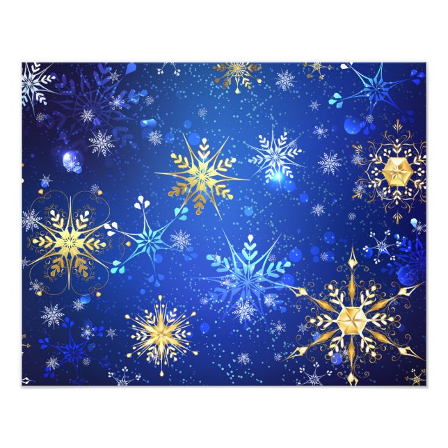 XMAS Blue Background mit goldenen Schneeflocken Fotodruck (Vorne)