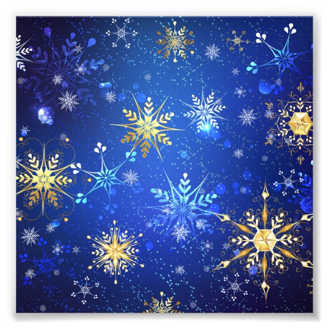 XMAS Blue Background mit goldenen Schneeflocken Fotodruck (Vorne)