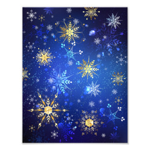 XMAS Blue Background mit goldenen Schneeflocken Fotodruck