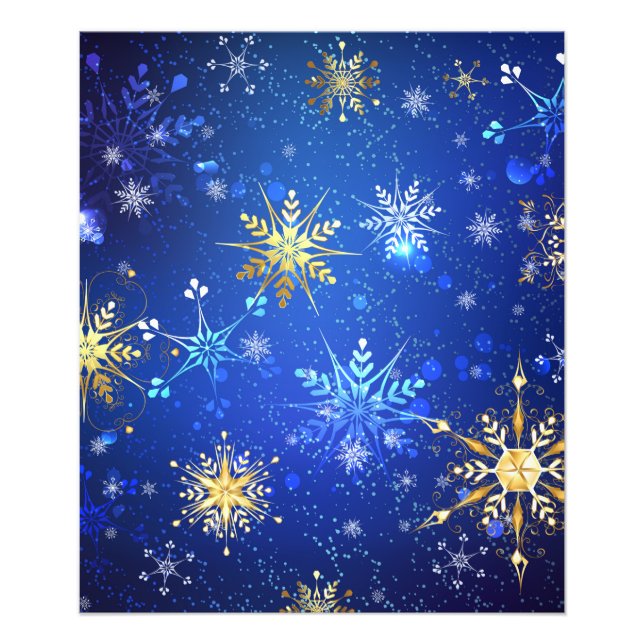 XMAS Blue Background mit goldenen Schneeflocken Fotodruck (Vorne)