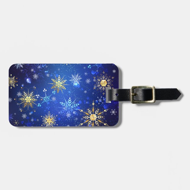 XMAS Blue Background mit goldenen Schneeflocken Gepäckanhänger (Vorderseite horizontal)