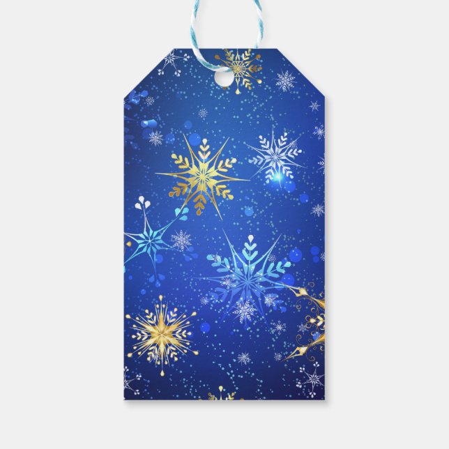 XMAS Blue Background mit goldenen Schneeflocken Geschenkanhänger (Rückseite)