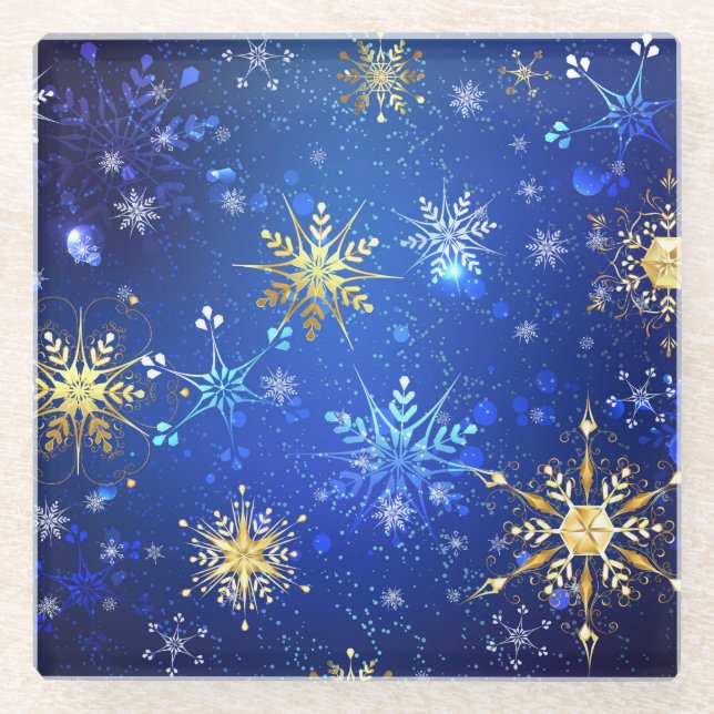 XMAS Blue Background mit goldenen Schneeflocken Glasuntersetzer (Vorderseite)