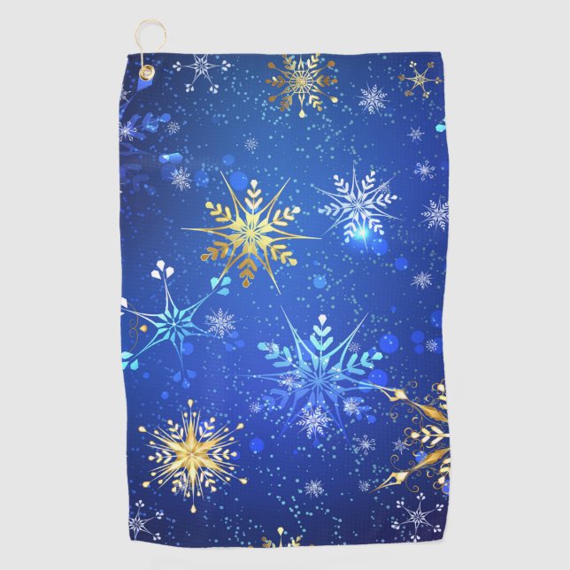 XMAS Blue Background mit goldenen Schneeflocken Golfhandtuch (Vorderseite)