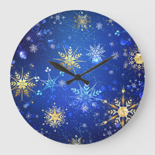 XMAS Blue Background mit goldenen Schneeflocken Große Wanduhr