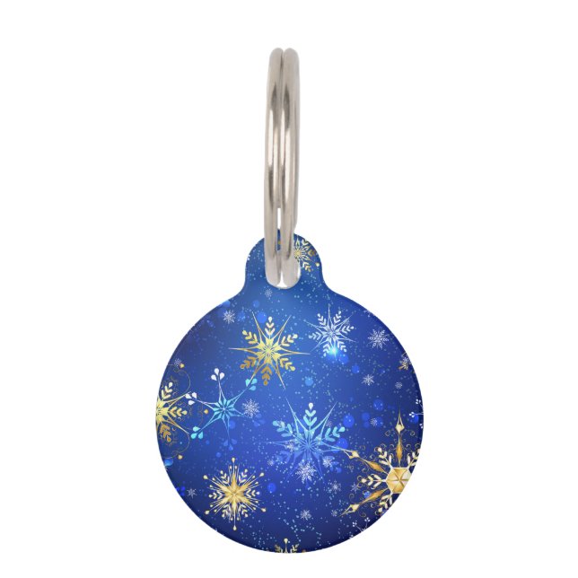 XMAS Blue Background mit goldenen Schneeflocken Haustiermarke (Vorderseite)