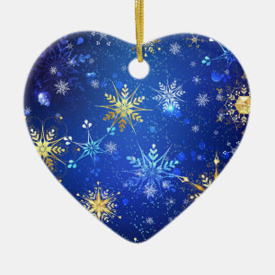 XMAS Blue Background mit goldenen Schneeflocken Keramik Ornament