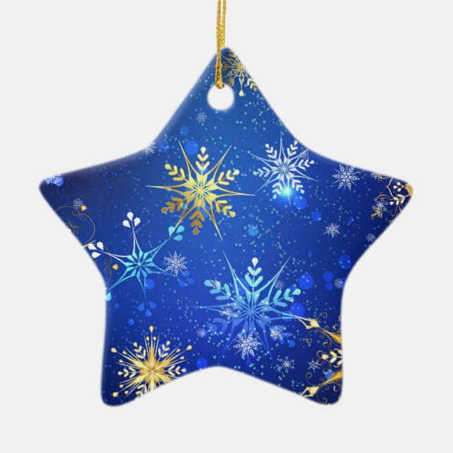 XMAS Blue Background mit goldenen Schneeflocken Keramik Ornament (Vorne)