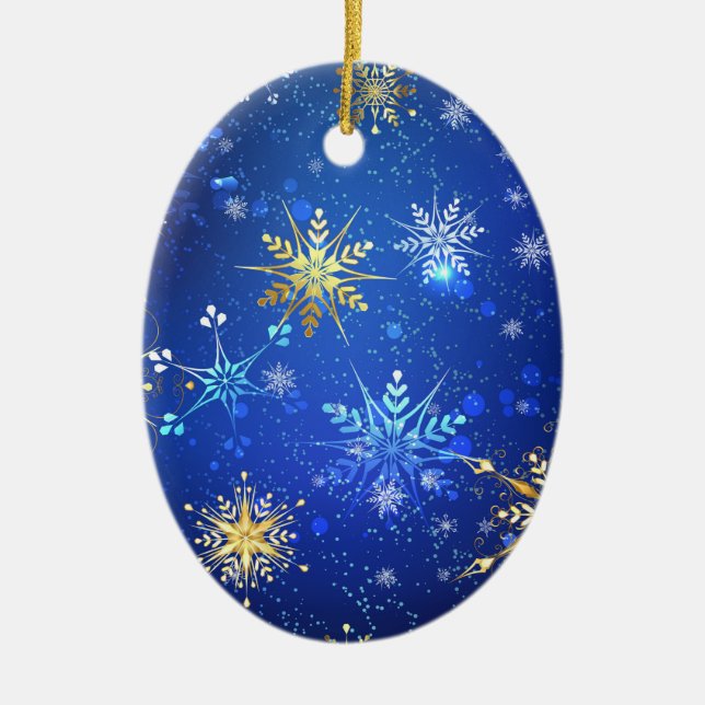 XMAS Blue Background mit goldenen Schneeflocken Keramik Ornament (Vorne)