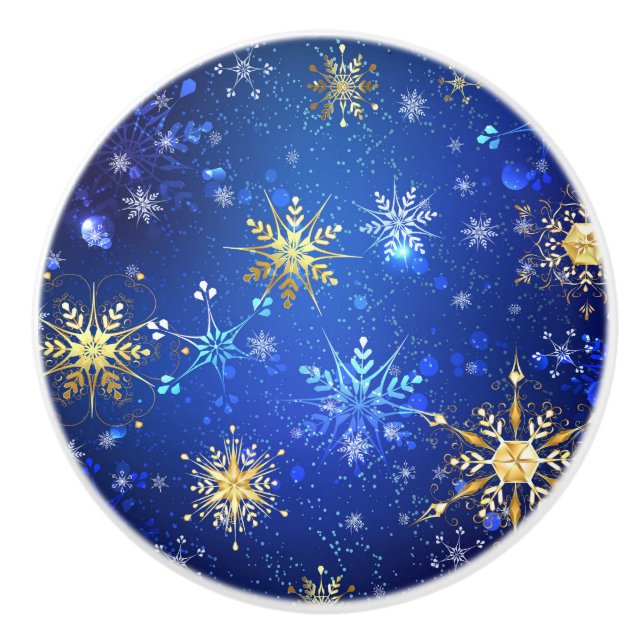XMAS Blue Background mit goldenen Schneeflocken Keramikknauf (Vorderseite)