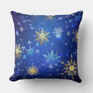 XMAS Blue Background mit goldenen Schneeflocken Kissen