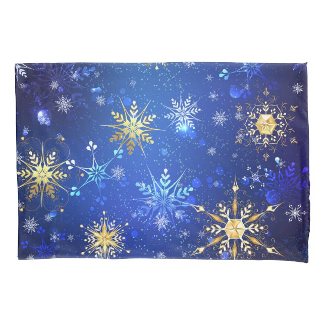 XMAS Blue Background mit goldenen Schneeflocken Kissenbezug (Vorderseite-Links)