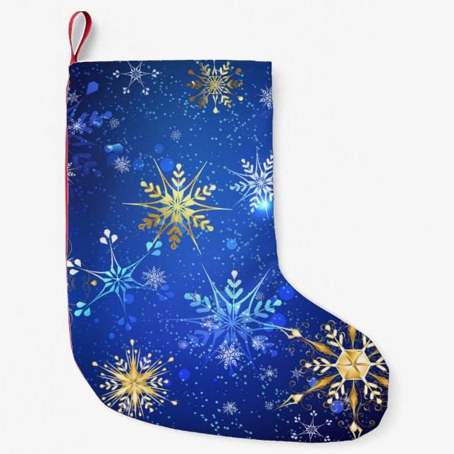 XMAS Blue Background mit goldenen Schneeflocken Kleiner Weihnachtsstrumpf (Vorderseite)