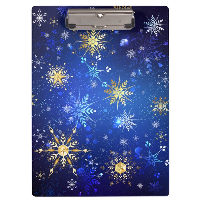 XMAS Blue Background mit goldenen Schneeflocken Klemmbrett (Vorderseite)