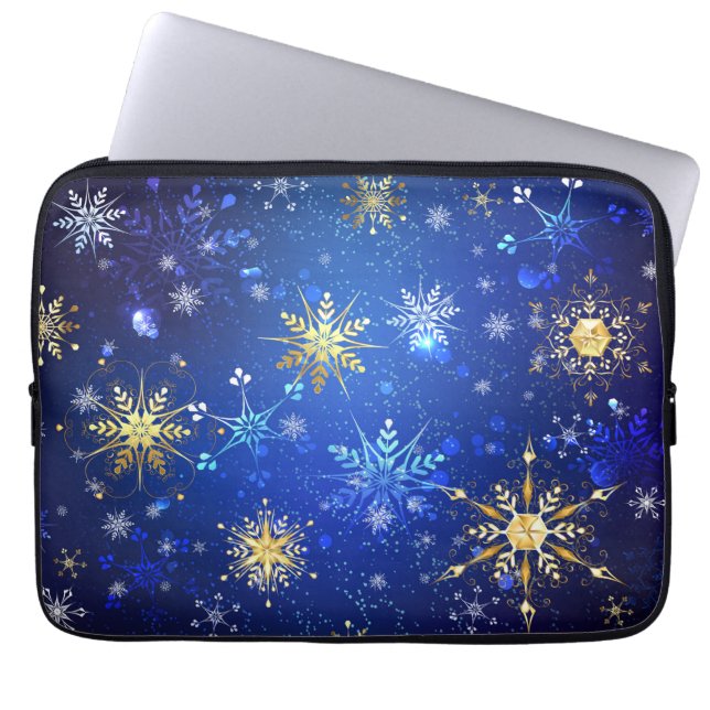 XMAS Blue Background mit goldenen Schneeflocken Laptopschutzhülle (Vorderseite)
