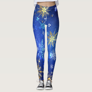 XMAS Blue Background mit goldenen Schneeflocken Leggings