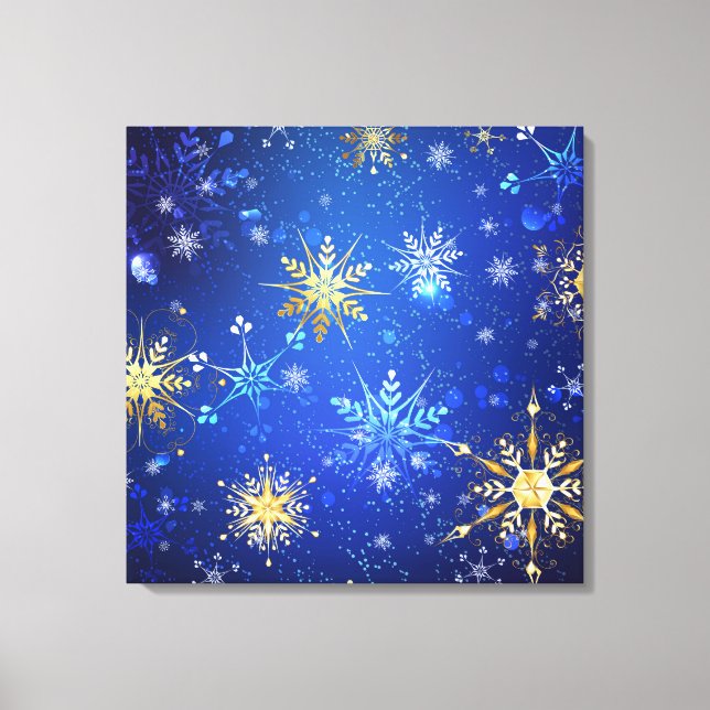 XMAS Blue Background mit goldenen Schneeflocken Leinwanddruck (Vorderseite)