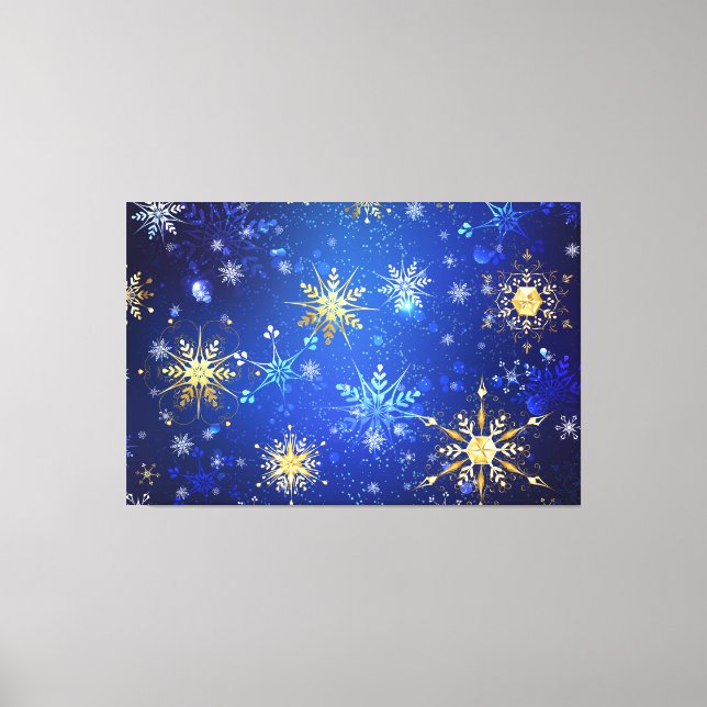 XMAS Blue Background mit goldenen Schneeflocken Leinwanddruck (Vorderseite)