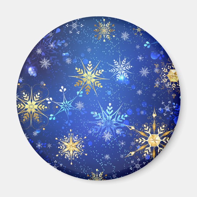 XMAS Blue Background mit goldenen Schneeflocken Magnet (Vorne)