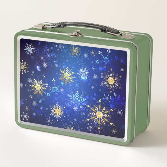 XMAS Blue Background mit goldenen Schneeflocken Metall Brotdose (Vorderseite)