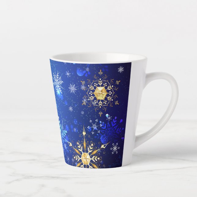 XMAS Blue Background mit goldenen Schneeflocken Milchtasse (Rechts)