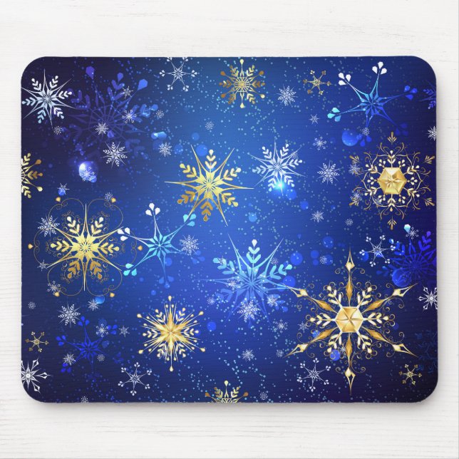 XMAS Blue Background mit goldenen Schneeflocken Mousepad (Vorne)