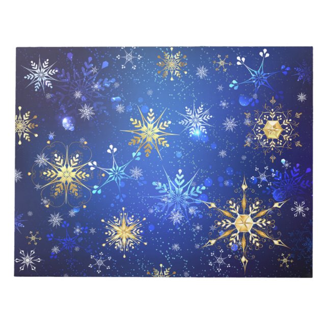 XMAS Blue Background mit goldenen Schneeflocken Notizblock (Vorderseite)