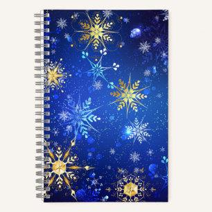 XMAS Blue Background mit goldenen Schneeflocken Notizbuch
