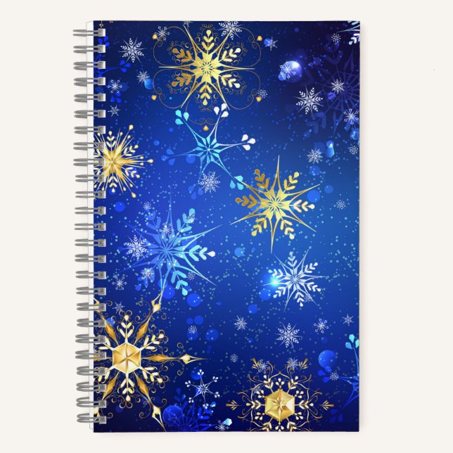 XMAS Blue Background mit goldenen Schneeflocken Notizbuch (Vorderseite)