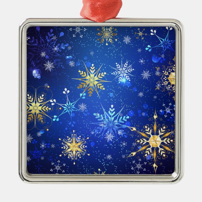 XMAS Blue Background mit goldenen Schneeflocken Ornament Aus Metall (Vorne)