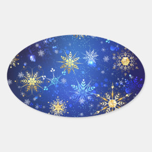 XMAS Blue Background mit goldenen Schneeflocken Ovaler Aufkleber