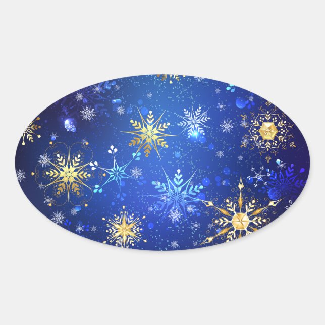 XMAS Blue Background mit goldenen Schneeflocken Ovaler Aufkleber (Vorderseite)