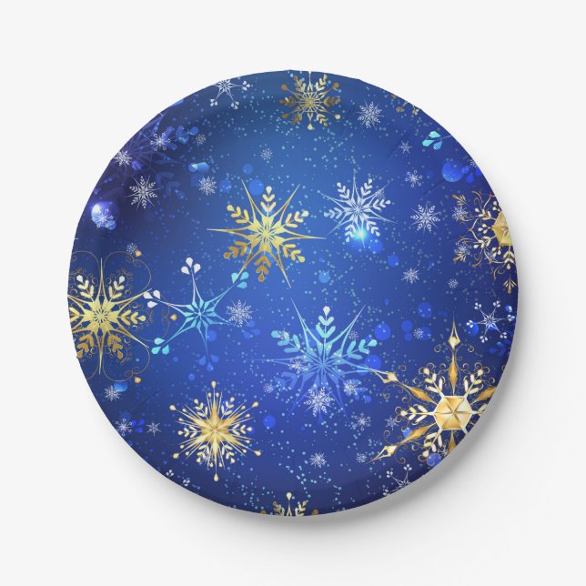 XMAS Blue Background mit goldenen Schneeflocken Pappteller (Vorderseite)