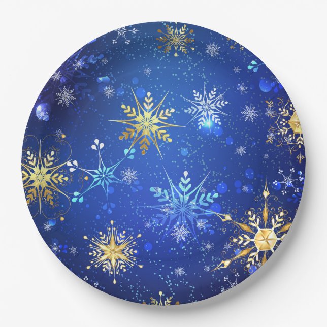 XMAS Blue Background mit goldenen Schneeflocken Pappteller (Vorderseite)