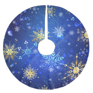XMAS Blue Background mit goldenen Schneeflocken Polyester Weihnachtsbaumdecke
