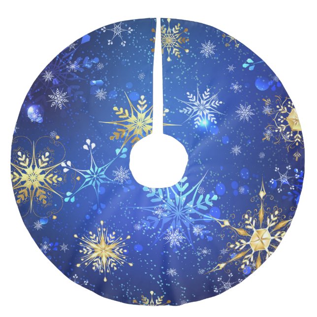 XMAS Blue Background mit goldenen Schneeflocken Polyester Weihnachtsbaumdecke (Vorderseite)