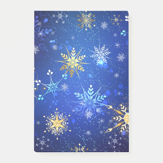 XMAS Blue Background mit goldenen Schneeflocken Post-it Klebezettel (Vorderseite)