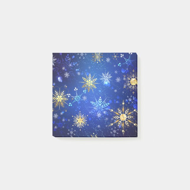 XMAS Blue Background mit goldenen Schneeflocken Post-it Klebezettel (Vorderseite)