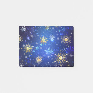 XMAS Blue Background mit goldenen Schneeflocken Post-it Klebezettel