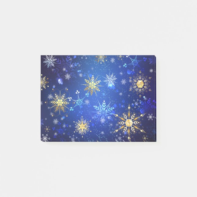 XMAS Blue Background mit goldenen Schneeflocken Post-it Klebezettel (Vorderseite)